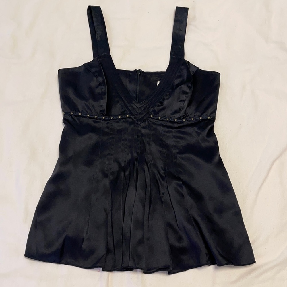 100% silk black v-neck top w/brass stud detail*
